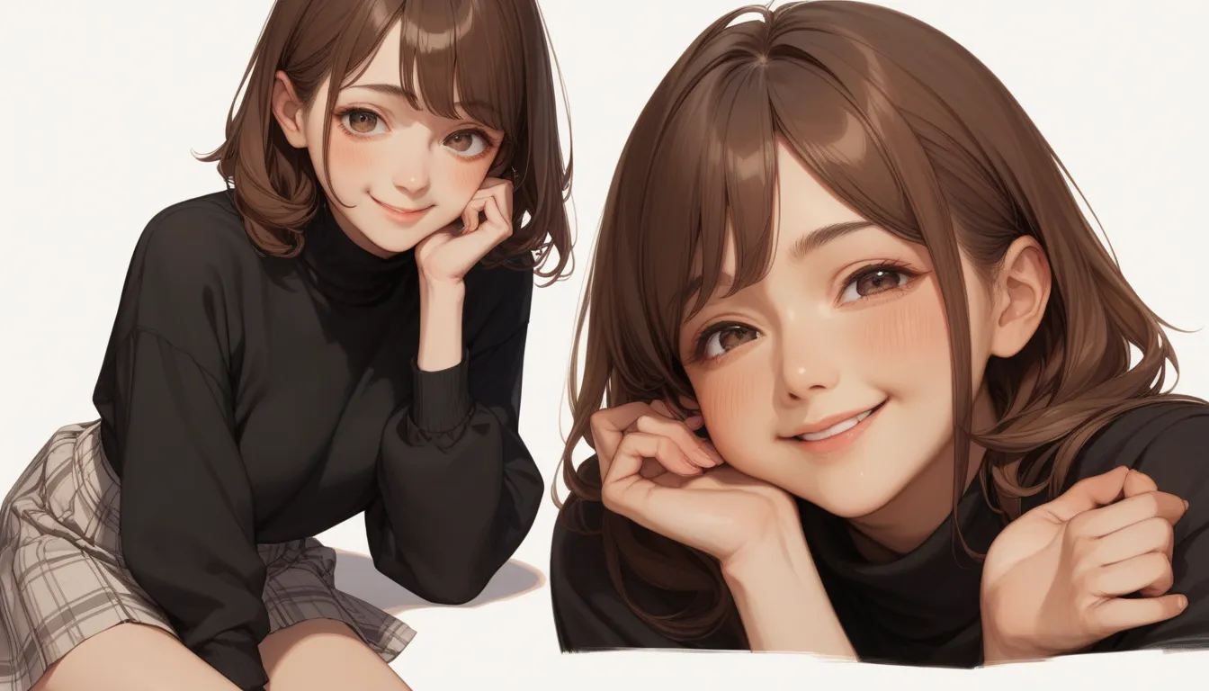 Japanese Female,Only one person、40 years old,brown hair long,black turtleneck just like the reference image、checked skirt、 all over white background、Blushed cheeks、 best smile、Sit down