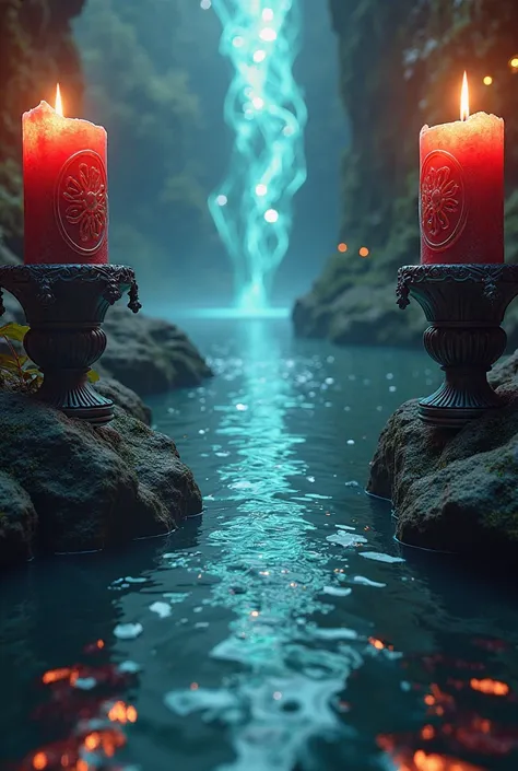 Mystical channel with red and black candles on the side of the image In the corner 