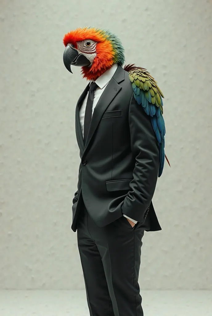 Man in a black suit with a parrot's head
