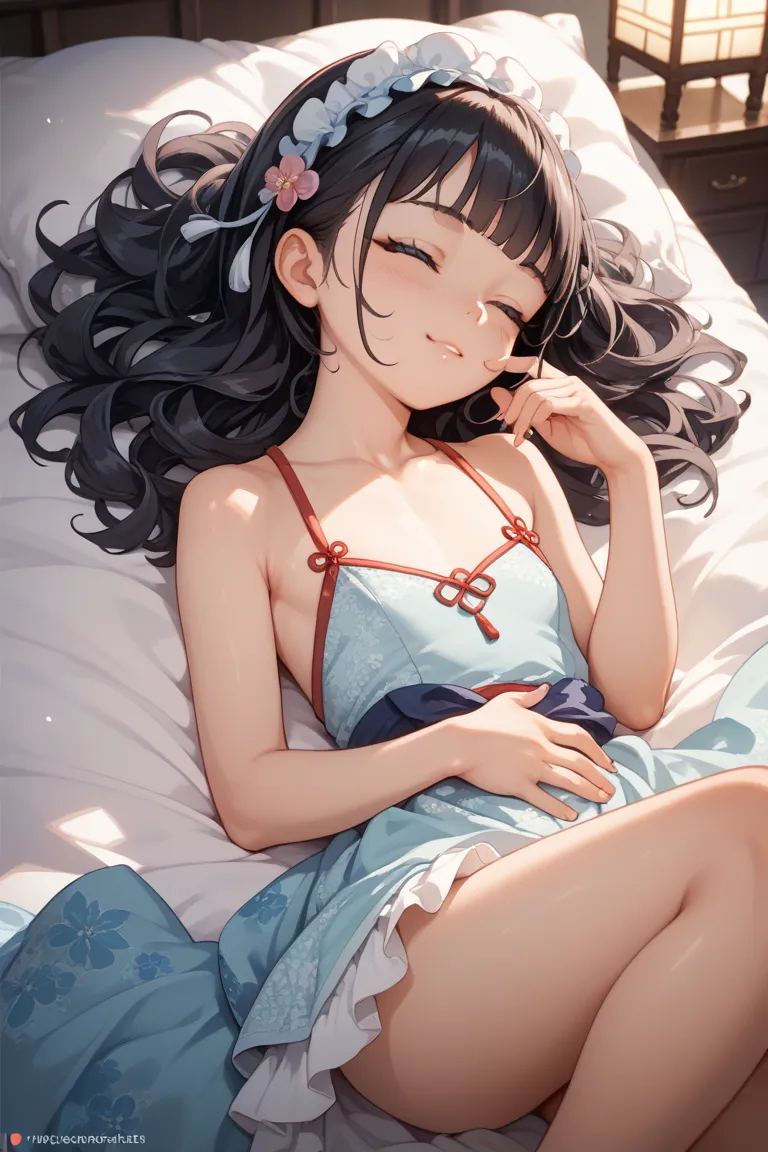 loli / 、eyes closed、flat chest、 black hair、on the bed、chinadress、supright straddle