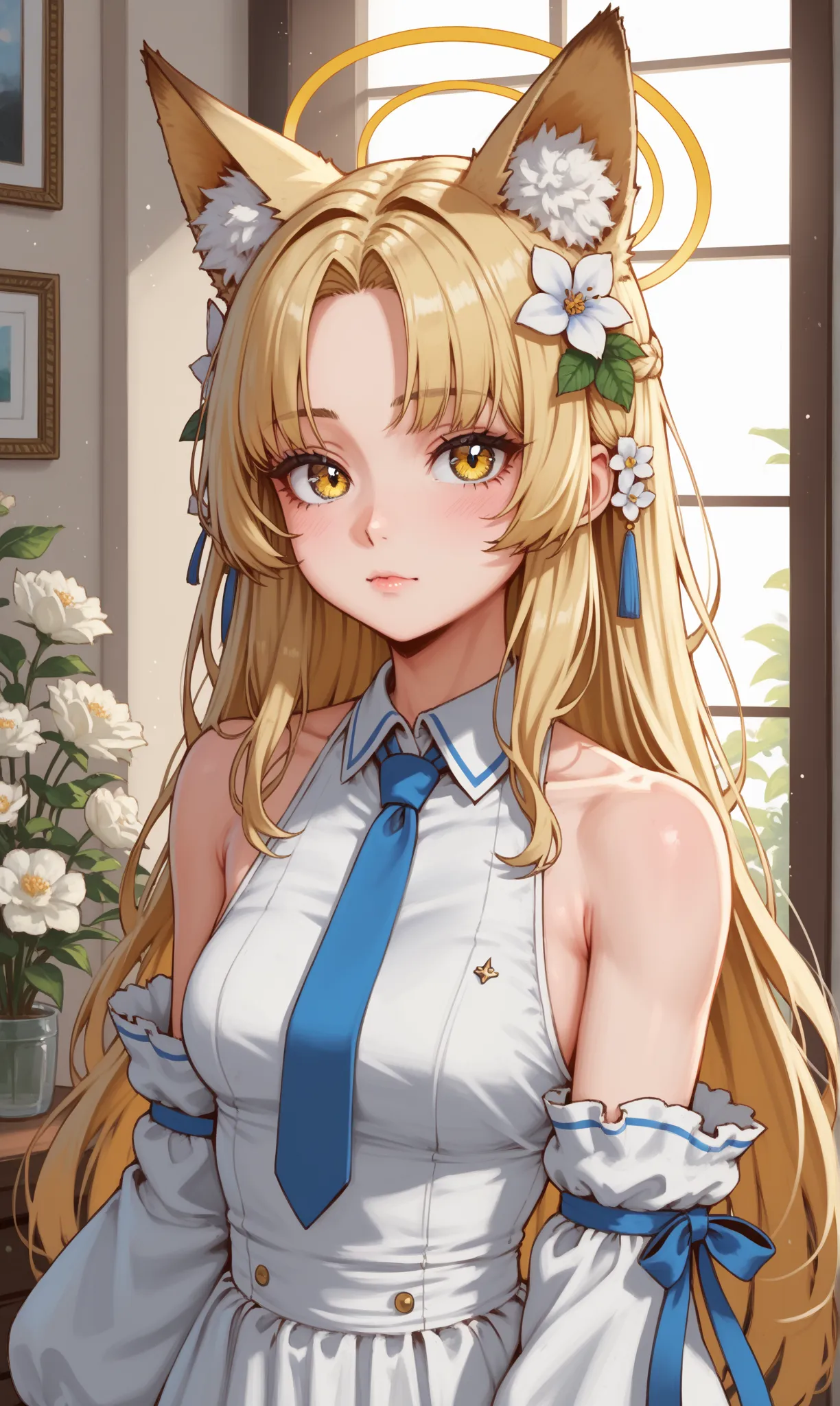 1 girl, ( blue file :1.1), 
until, 
animal ears, Alone , blond hair, halo, long hair, looking at the spectator, fox ears, animal ear fluff, dress, tie, white dress, forehead, mouth shut, hair ornament, yellow halo , upper body, hair flower, Yellow eyes, bl...