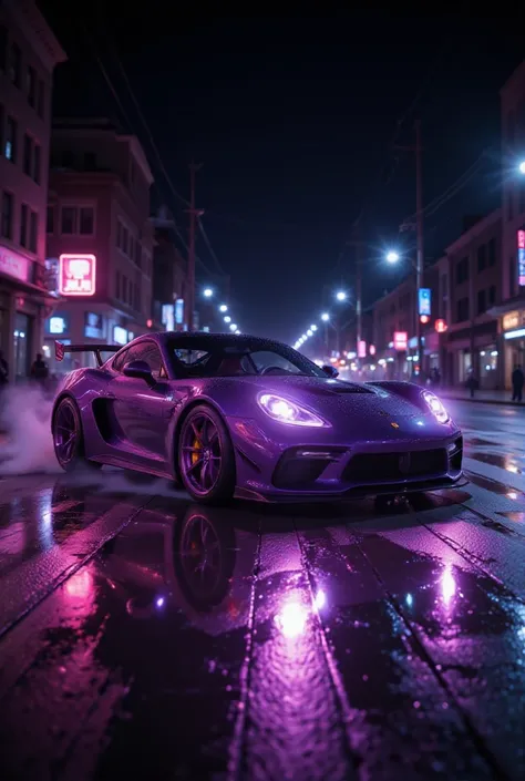 purple sports car,  car racing , purple neon lights, street at night with wet asphalt, smoking wheels, close up view, high speed car, 4k, ultra detailed, realistic photo, oil painting, studio lighting, bokeh, color palette of purple and blue tones,  night ...