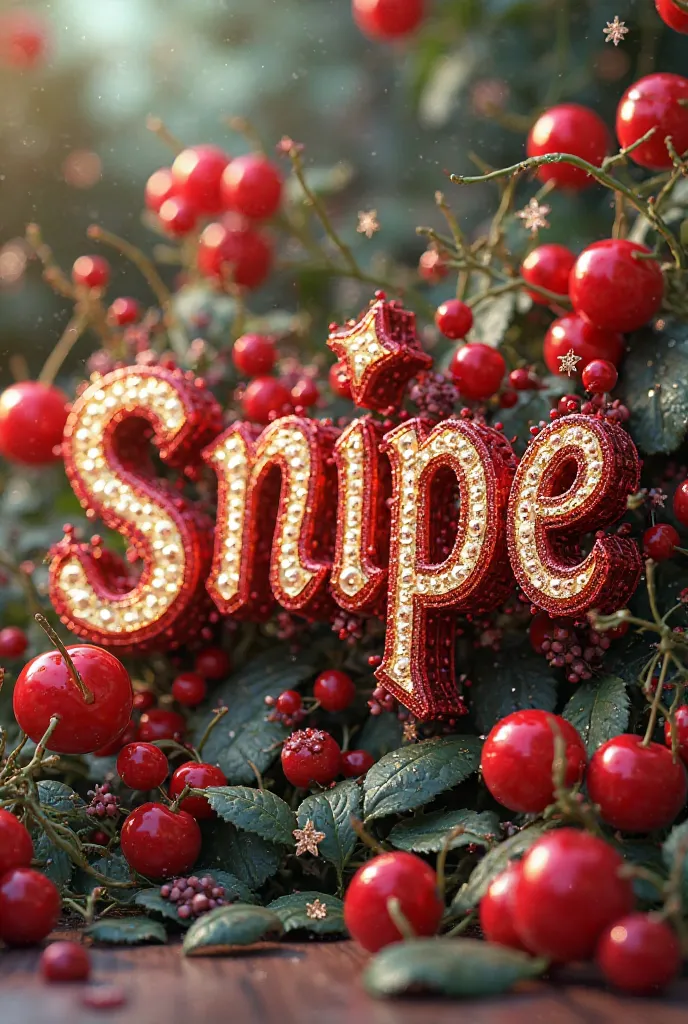 The letters SNIPE in 3D with cherries an bling