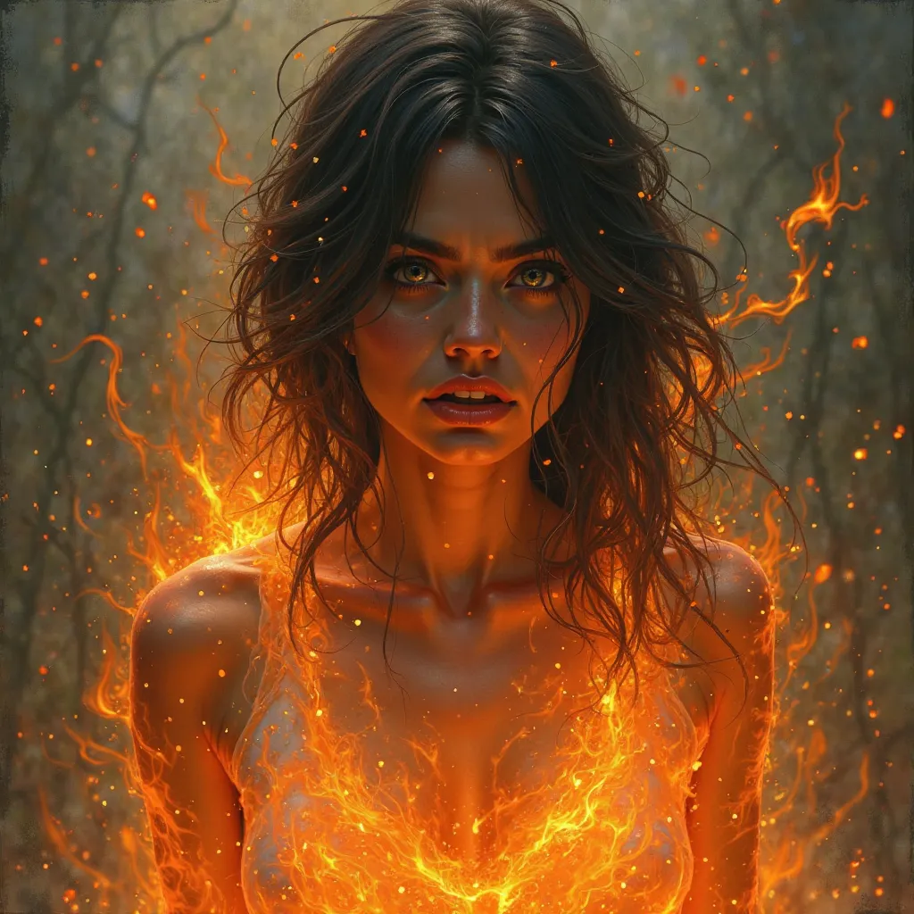 Beautiful Woman , her body in fire , hopeless