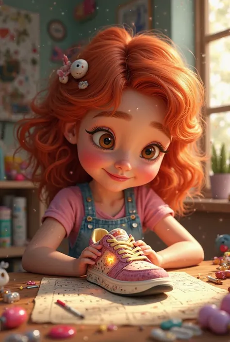 Pixar-style image of a girl with reddish hair,with creating Sneaker with pearl personalized light bulbs 