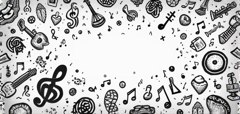 music items, foods, 2D image, icons, symbols, black and white color, white background, doodled design, cover all the image, playful style, random items size