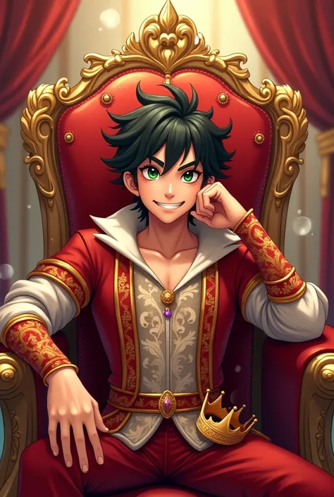 “A regal yet mischievous young king sits on an ornate golden and red throne, his head resting in his hand as he gives a wry smile to the viewer. He has tan skin, striking green eyes, and messy black hair, exuding confidence and playfulness. He wears luxuri...