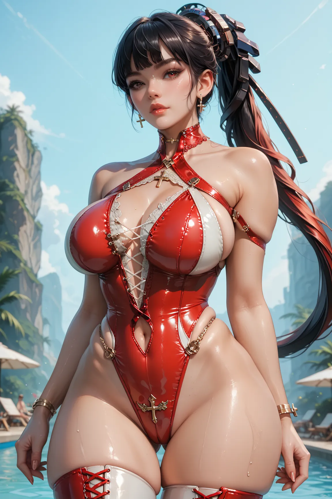 
Score_9, Score_8_up, Score_7_up,incredibly absurdres,altEve, black hair, long ponytail,cross halter,leotard swim suits,big breasts,curvy,glamour,large breasts,(center opening,skindentation,laced up leotard),seductive pose,cowboy shot,two tone costume,shin...