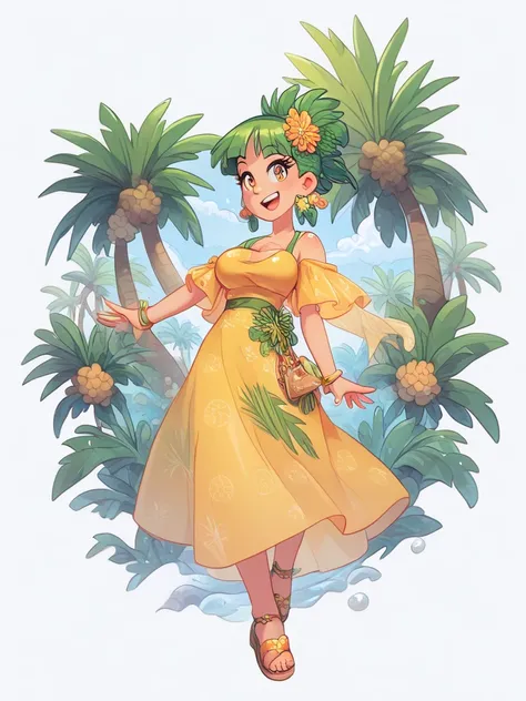 Sexy human woman with big breast ,with pineapple hair , with pineapple on her eyes and her body , with pineapple powers , with pineapple dress,with pineapple wings , with pineapple hair ornament, whole full body, from front, pineapple Halo, Ornamento de ca...