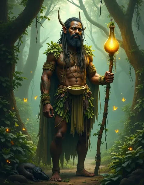 A mystical and powerful depiction of Osain, the Yoruba Orisha of nature, herbal medicine, and the secrets of the forest. He stands in the heart of a dense, enchanted jungle, surrounded by towering ancient trees, vines, and the sacred plants he governs. His...