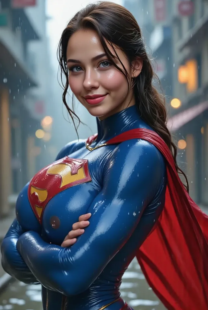 (FULL VIEW STANDING IN THE HEAVY RAIN) **"A stunning, highly detailed, and ultra-realistic portrait of a INNOCENT BIG BLUE EYED 17-year-old Thai GIRL, proudly wearing the iconic RETRO 1980 SUPERMAN costume with a glossy latex/vinyl finish. The vibrant roya...