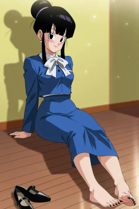 anime screencap, absurdres, high quality,  official style,
who-who, DBZ, Broly movie ,  official style, 1 girl, Alone , blush,  smile, blows, black hair, blue skirt, Pencil skirt,  arm support , Sitting, sidelocks, earrings, wooden floor, barefoot, hair bu...