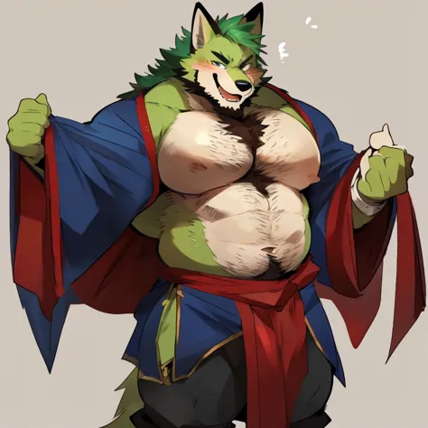 fox, furry, green fur, handsome, very muscular, very big, extremely hot and sexy, beard, hair, chest hair, charming eyes, solo, male, happy expression, daddy, full body, big body, blue medieval clothes, middle aged, by hyaku, by darkgem, by glitter trap bo...