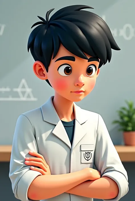 Cover for school boy of  black hair with white physics uniform, Short hair school drawing Pixar mathematics 