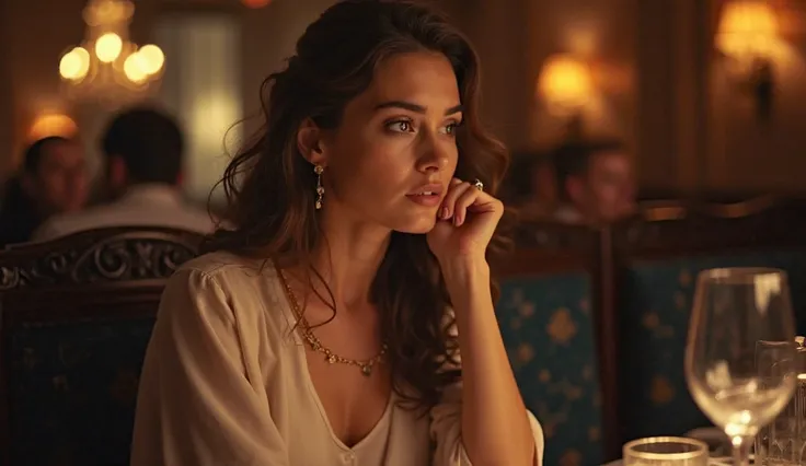 A well-dressed woman with a serene expression listening discreetly from a restaurant table while her fiancé laughs cruelly with his friends at the next table, warm restaurant lighting contrasting with emotional tension.