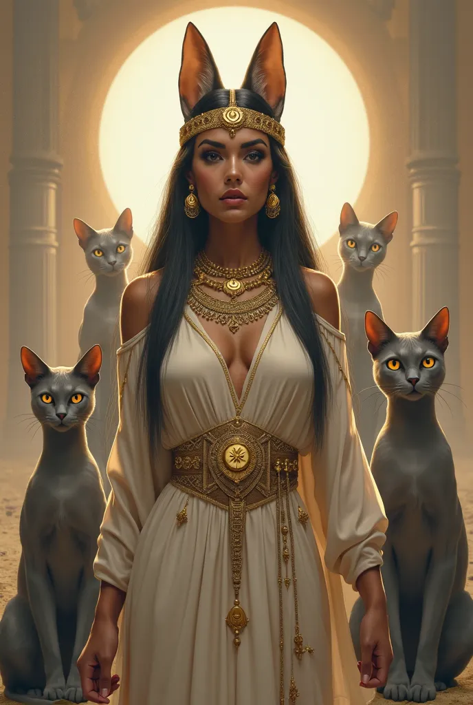 
"Create an image of a regal, powerful woman inspired by ancient Egyptian aesthetics. She is wearing an elaborate headdress with cat-like ears and intricate gold jewelry. She is dressed in a flowing, white gown, adorned with gold accents and a belt. The wo...