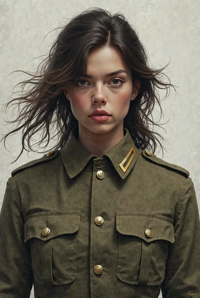 Same face with loose hair with soldier uniform