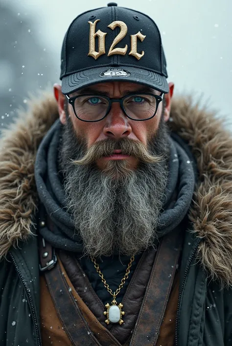 Homme viking avec un longue barbe, portant une snapback avec écrit dessus "B2C" en lettrage ghotic, des lunettes style rectangulaire, un collier et pendentif "GHOST", une veste d'hiver avec fourrure 