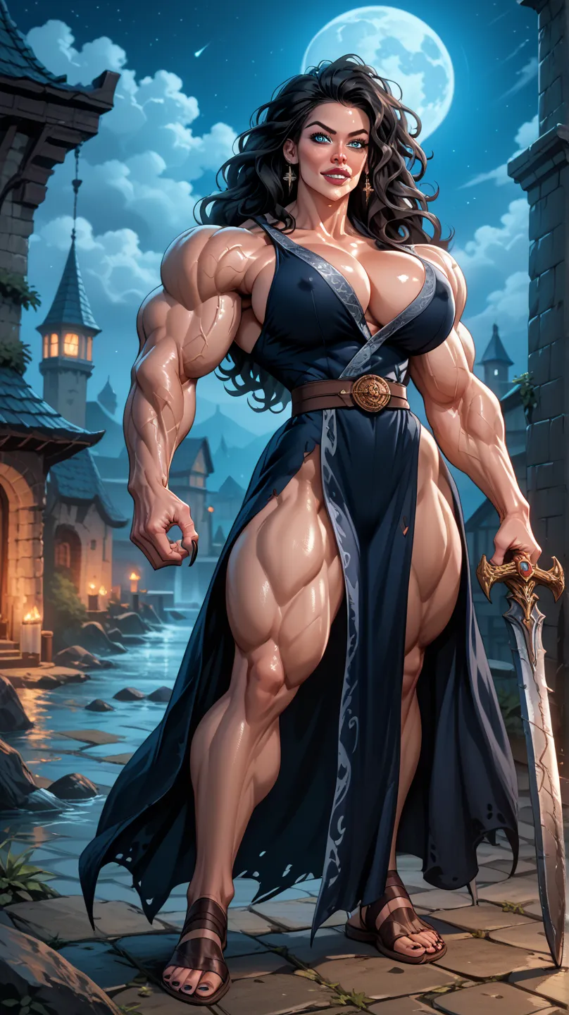 ((Fullbody view)) 
((Muscular woman)) in darkest fantasy, scary intimidating woman, ((black wavy hair)), very muscular yet feminine, dark fantasy sorceress, mighty titaness of night, bulky muscular woman, gigantic bulging muscles, frightening and terrifyin...