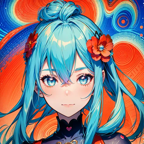 memphis pattern, bubble design, Scarlet, OrangeRed, exquisite creature, fairy, memphis pattern, aqua hair, white hair, colored inner hair, aqua eyes, cute, retro, anime poster, heart shape, rainbow gradient, high quality, ultra detailed, Full-HD, 16K resol...