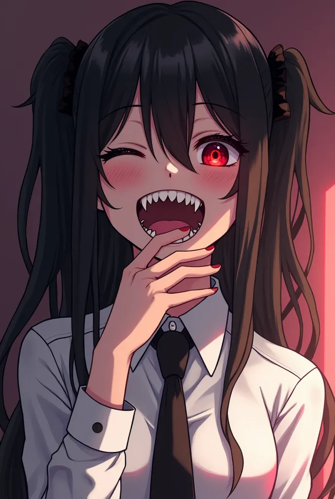 a woman in a white shirt and black tie, yandere intricate, anime monster girl, sharp fangs, yandere, guro art, sharp teeth, long sharp teeth, portrait gapmoe yandere grimdark, gapmoe yandere, horror smile, hand over mouth, razor sharp teeth, sharp claws an...