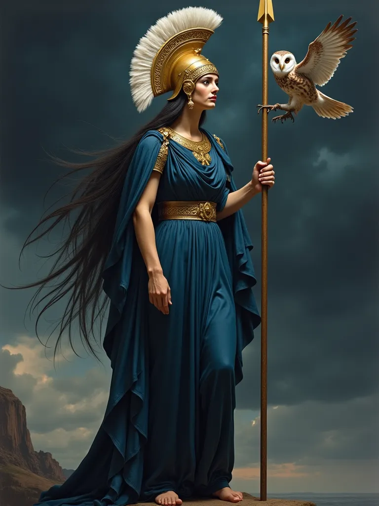 Best quality, masterpiece. Mighty Pallas Athena standing tall. Style is a painting by Sandro Botticelli. Highly detailed. She is shown in monumental perspective, as tall as the sky. An owl flies to her. She wears a heavy and austere extremely dark blue him...