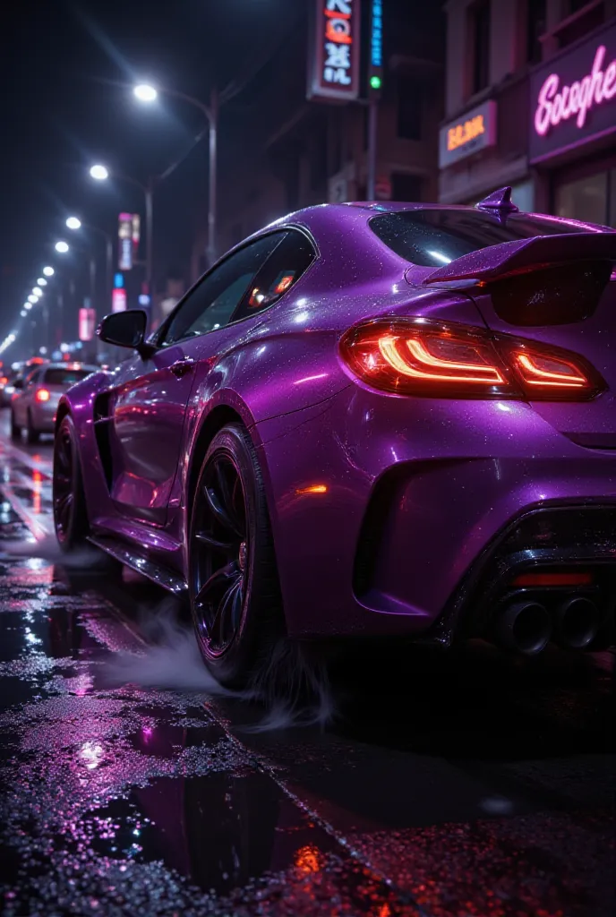 purple sports car,  car racing , purple neon lights, street at night with wet asphalt, smoking wheels, close up view, high power car, Powerful motor, high performance tires, bright reflectors, water splashes,  aerodynamic design , brake lights on,  metalli...