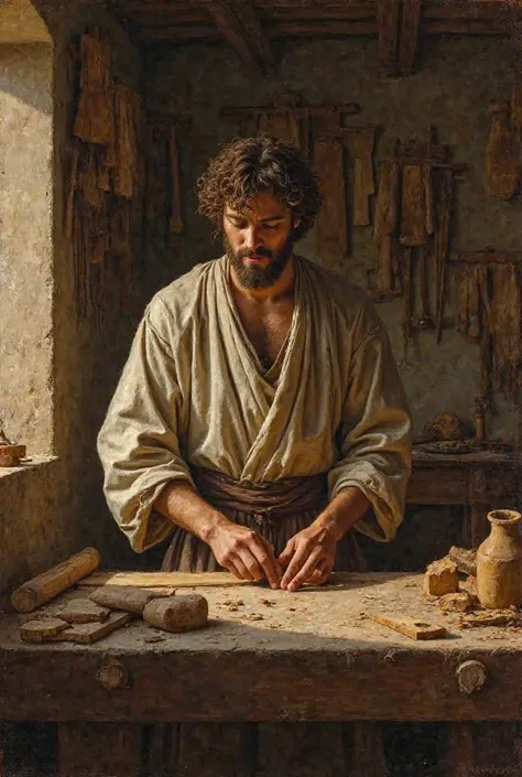 Young Saint Joseph working in the carpentry 