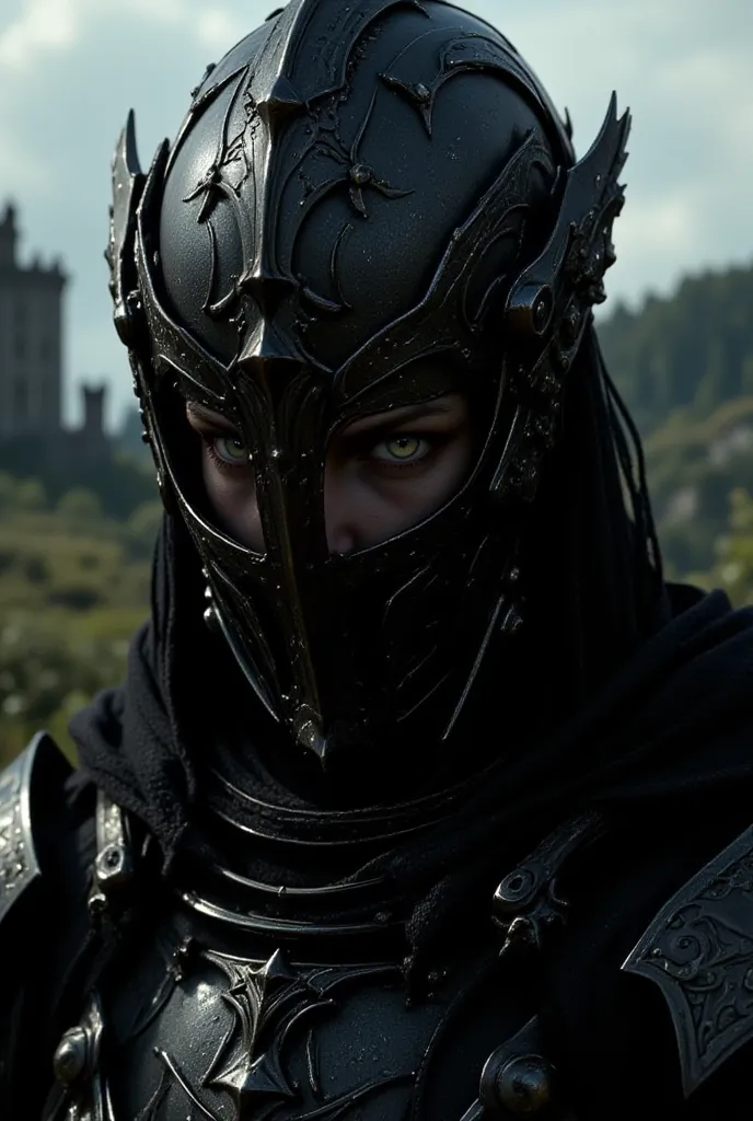 ((realistic)), cinematic shots, movie theatre, See photos , 最high quality, high quality, ( detailed face and eyes :1.1),  giant knight in black armor, (( complicated  helmet)), Face Mask Armor, ((big eyes)), Black sclera, In the countryside,   dark eyes, s...