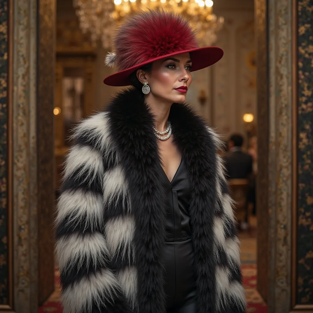 A rich woman wearing a skunk fur coat and a fox hat