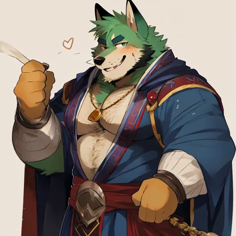 fox, furry, green fur, handsome, very muscular, very big, extremely hot and sexy, beard, hair, chest hair, charming eyes, solo, male, happy expression, daddy, full body, big body, blue medieval clothes, middle aged, by hyaku, by darkgem, by glitter trap bo...