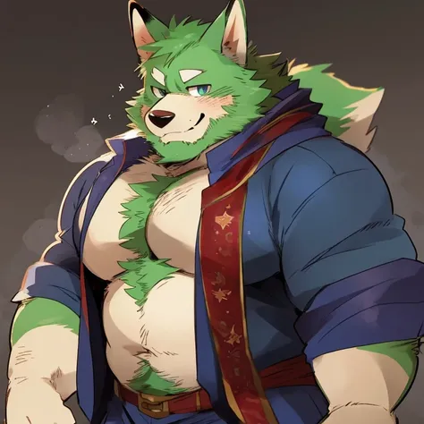 fox, furry, green fur, handsome, very muscular, very big, extremely hot and sexy, beard, hair, chest hair, charming eyes, solo, male, happy expression, daddy, full body, big body, blue medieval clothes, middle aged, by hyaku, by darkgem, by glitter trap bo...