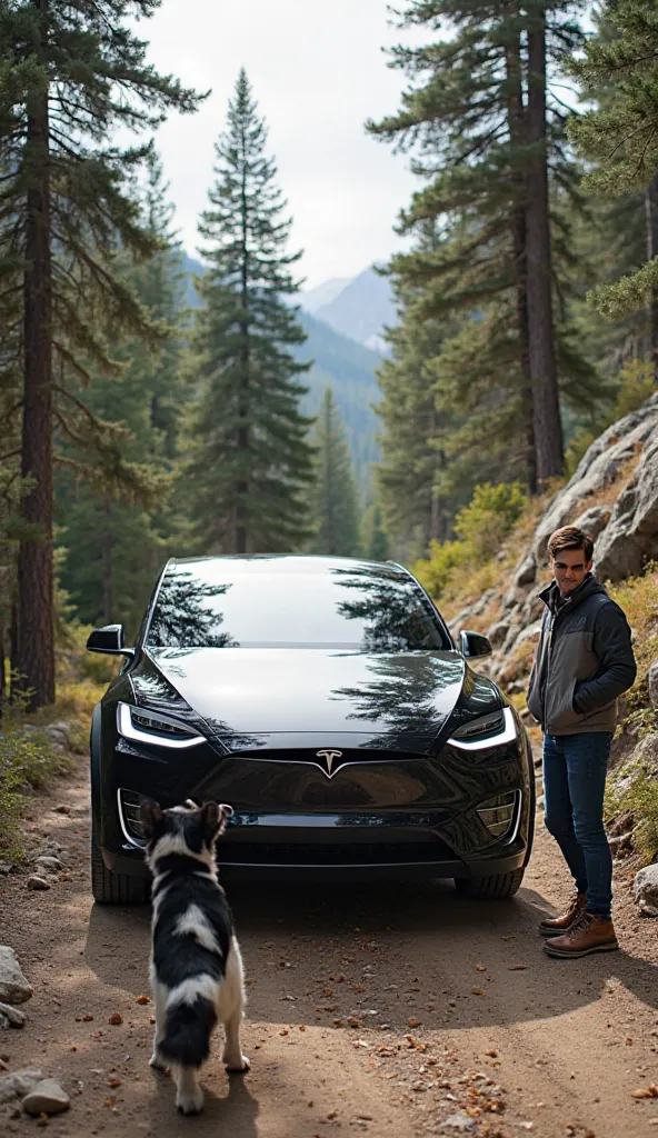 A quiet mountain trail surrounded by dense pine trees and rocky outcrops. The trail is narrow, with patches of sunlight filtering through the trees. A black Tesla Cybertruck is **parked** on the side of the trail, its sleek design contrasting with the rugg...