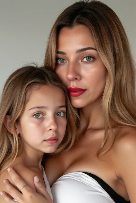 A very hot blonde beautiful mother of Scandinavian origin with big beautiful breasts carrying her daughter of age 4. Both wearing red hot lipstick. Both staring at the camera. 8K resolution and quality.