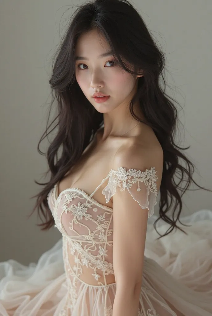 A beautiful korean girl, cute , hot, 1, best figure , Big , big hips, fair skin, beautiful transparent hot dress , 