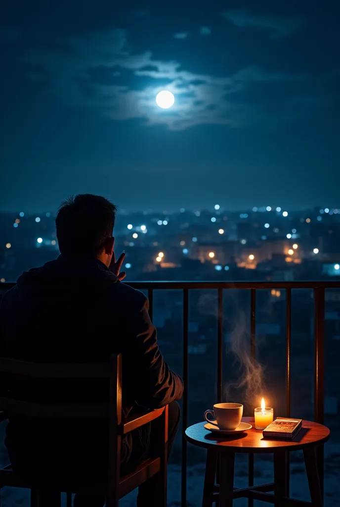 The picture shows a quiet night scene on a balcony overlooking a simple city whose lights shine under the full moon. A person sits on a wooden chair near the iron fence, smoking a cigarette while looking at the distant horizon.. The man looks like smoke co...