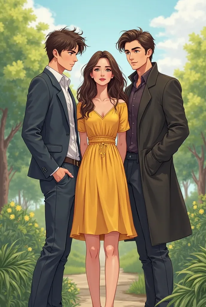 "A beautifully illustrated Webtoon-style cover featuring a stunning young woman with long, flowing brunette hair, wearing a loose, knee-length, bright yellow one-piece casual dress. She poses gracefully in the center with a soft yet confident expression. O...