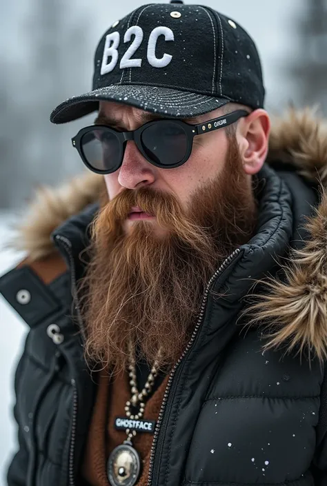 Homme viking avec un longue barbe, portant une snapback avec écrit dessus "B2C" en lettrage ghotic, des lunettes style rectangulaire, un collier et pendentif "GHOSTFACE", une veste d'hiver avec fourrure 