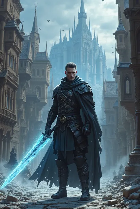 A tall male character short hair black clothing from the medieval age half defined with the ice sword and a city from ancient times