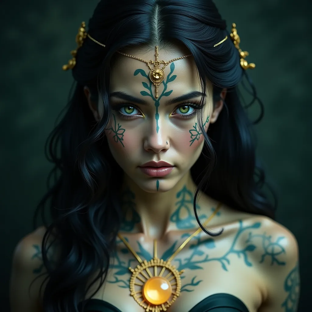 Ethereal looking woman, with intense eyes and mystical symbols on the skin.
Being a hybrid between human and energy, with an aura of protection.
Figure inspired by powerful deities or archetypes, as Isis, Lilith, Hecate or Sophia.
She can change her appear...