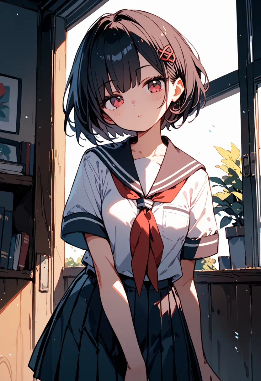 dark red black hair, red eyes , short hair, cowboy shot, school uniform