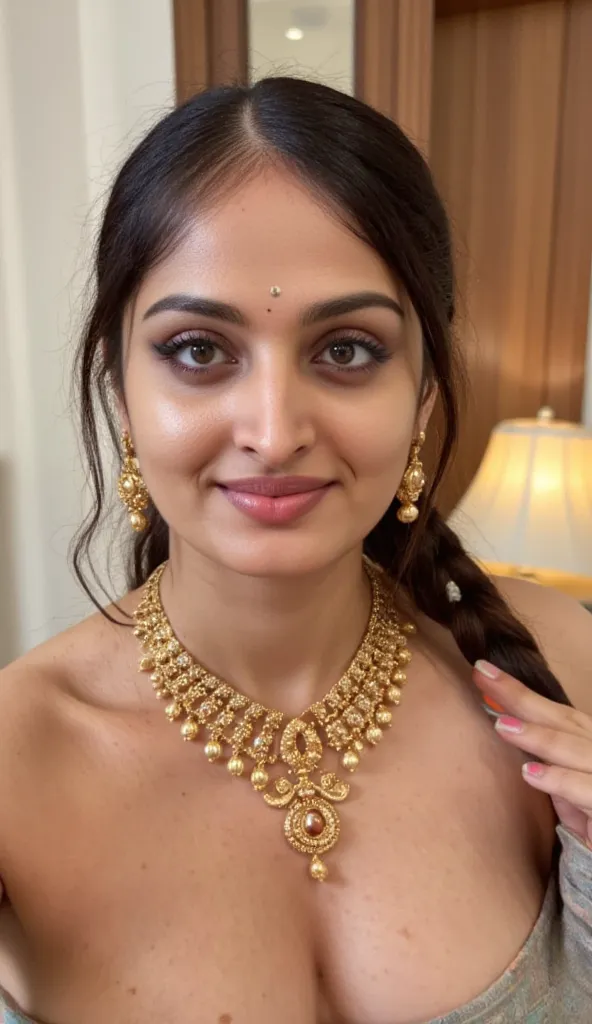 "Create a realistic 8k image of extreme closeup of naked traditional Indian selfie, luxurious bed, She is adorned with traditional gold jewelleryh, including a necklace with pendants and matching earrings, hairy armpits, and has jasmine flowers in her neat...