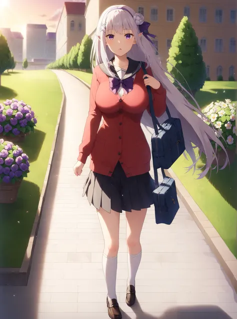  score_9,  score_8_up,  score_7_up,  source_anime,  Emilia, knitting glasses, crown knitting glasses, flower, hair flower, hair ornaments close to the garden, hair bow, long hair, pointed ears, purple eyes,  white hair, x hair ornaments close to the garden...