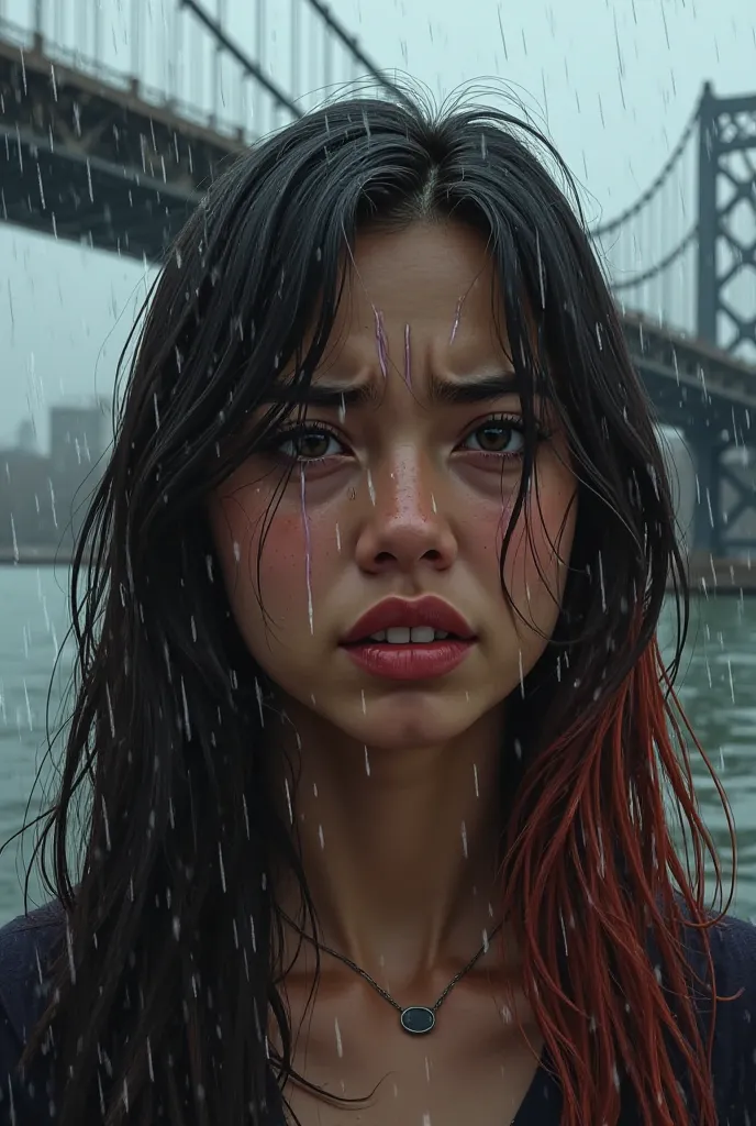 Generate a 24-year-old Latina woman, with straight hair of various colors, under the rain, In the background a blurred bridge, She is crying out of anger.