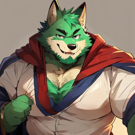 fox, furry, green fur, handsome, very muscular, very big, extremely hot and sexy, beard, hair, chest hair, charming eyes, solo, male, happy expression, daddy, full body, big body, blue medieval clothes, middle aged, by hyaku, by darkgem, by glitter trap bo...