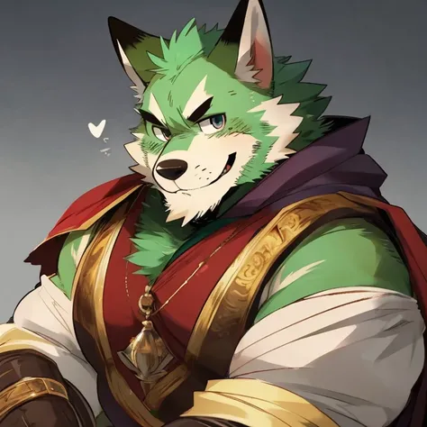 fox, furry, green fur, handsome, very muscular, very big, extremely hot and sexy, beard, hair, chest hair, charming eyes, solo, male, happy expression, daddy, full body, big body, blue medieval clothes, middle aged, by hyaku, by darkgem, by glitter trap bo...