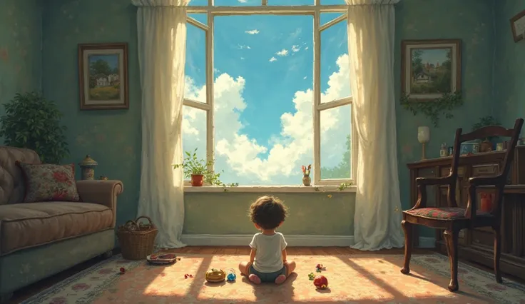 "an old living room, with a  playing on the floor with simple toys. In the background, an open window reveals a sky full of moving clouds, with sunbeams creating an almost divine effect."

