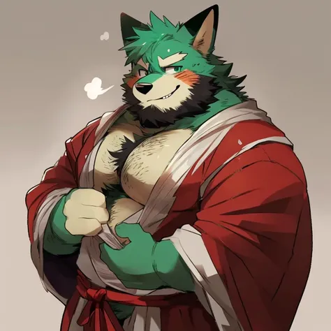 fox, furry, green fur, handsome, very muscular, very big, extremely hot and sexy, beard, hair, chest hair, charming eyes, solo, male, happy expression, daddy, full body, big body, blue medieval clothes, middle aged, by hyaku, by darkgem, by glitter trap bo...