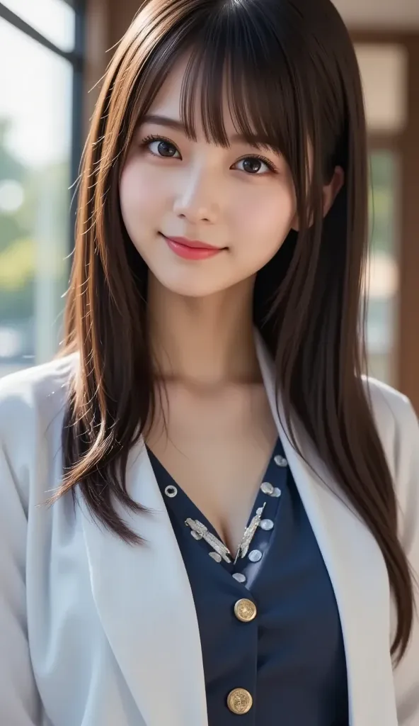 (a state where the face is accurately positioned in the center of the image: 1.5), (upper breast: 1.5), (fully reflects the entire head: 1.5), (Face clearly visible: 1.2)、 (Female police officer : 1.5), (Jail : 1.5), long hair、bangs, smile, young and cute ...