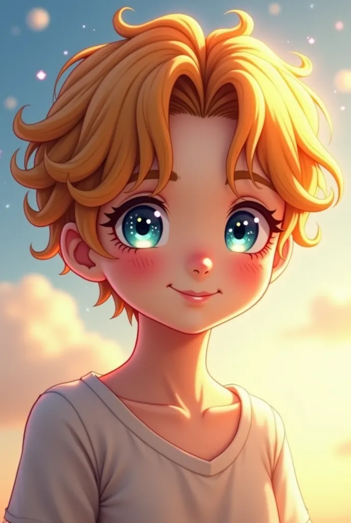 Create a 15-year-old boy who has a kawaii appearance that combines sweetness with a touch of heavenly magic ✨💖. His face is of a soft and delicate beauty, with a porcelain skin that seems to shine in sunlight 🌸💫.  Your cheeks , always slightly blushed, The...